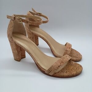 Stuart Weitzman Nearlynude Cork Block Heel Sandals Womens 9.5 Tan Ankle Strap